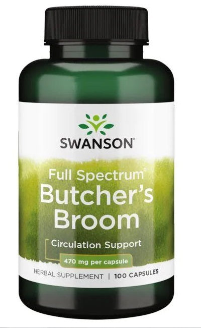 Swanson Butcher's Broom é um suplemento alimentar disponível em 100 cápsulas, cada uma contendo 470 mg.
