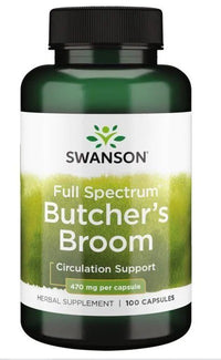Thumbnail para Swanson Butcher's Broom é um suplemento alimentar disponível em 100 cápsulas, cada uma contendo 470 mg.
