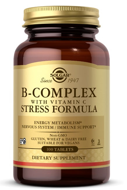 Solgar B-Complex com Vitamina C 100 Comprimidos, uma fórmula anti-stress e um suplemento alimentar.