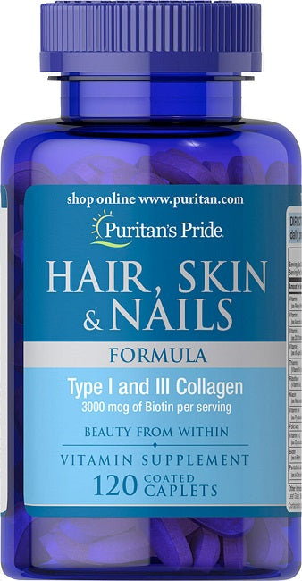 Um frasco de Puritan's Pride Hair, Skin & Nails Formula 120 Coated Caplets.