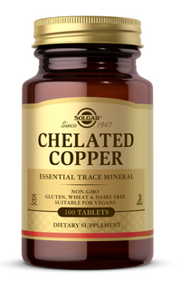 Miniatura de Solgar's Chelated Copper 2,5 mg 100 Tablets é um mineral vestigial essencial.