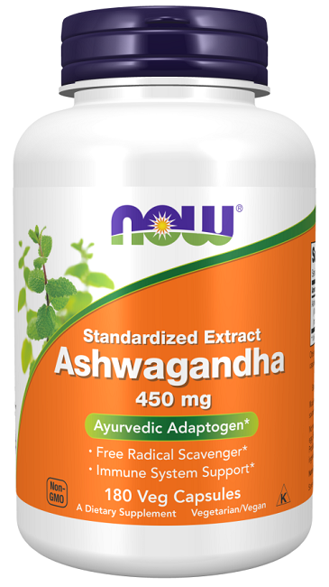 Um frasco de Now Foods Extrato de Ashwagandha 450 mg 180 Cápsulas Vegetais.