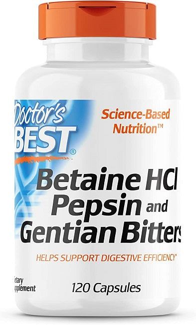 Doctor's Best Betaine HCL Pepsin & Gentian Bitters, um suplemento alimentar em 120 cápsulas.