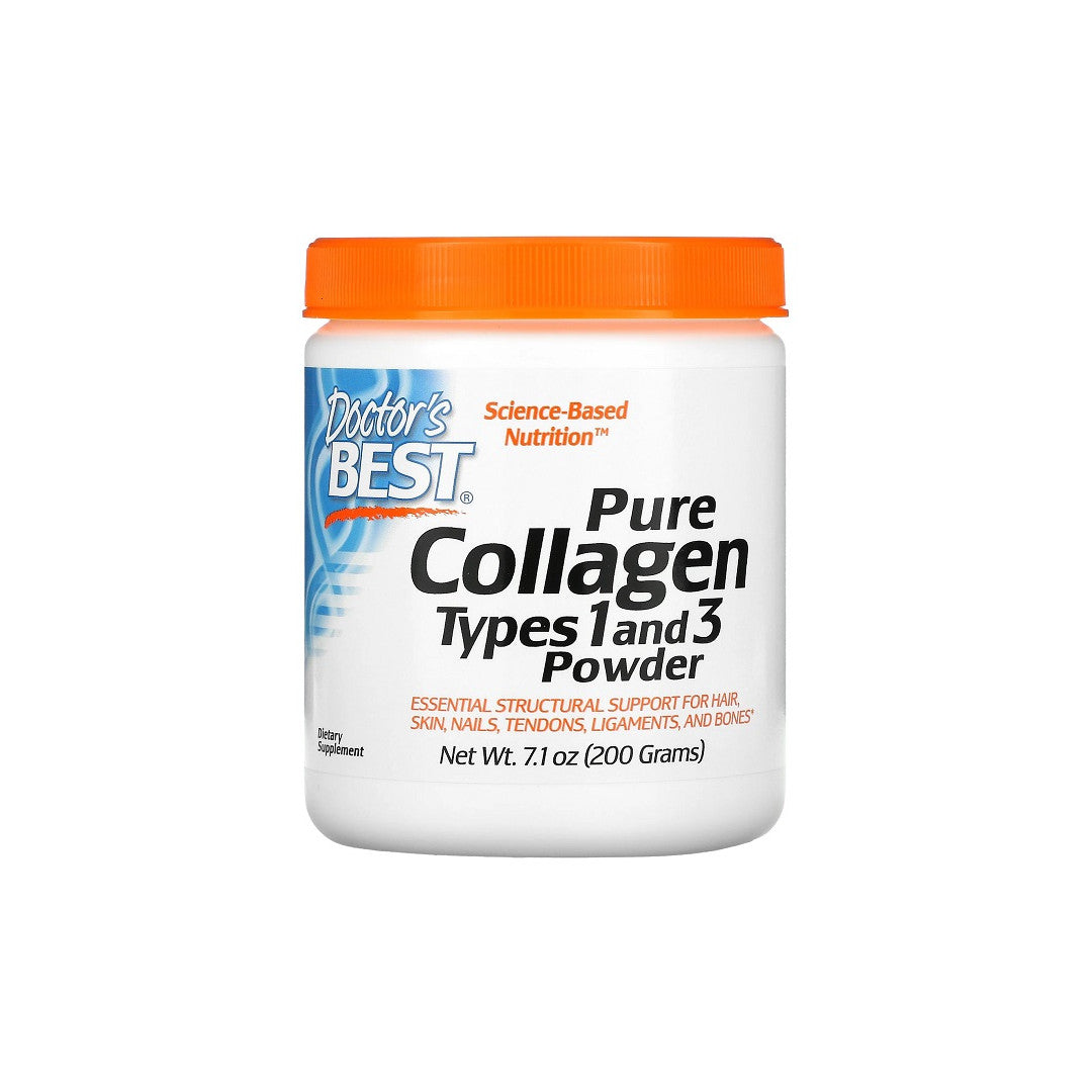 Um frasco importante de Doctor's Best Pure Collagen Types 1 and 3 Powder 200 g para as articulações.