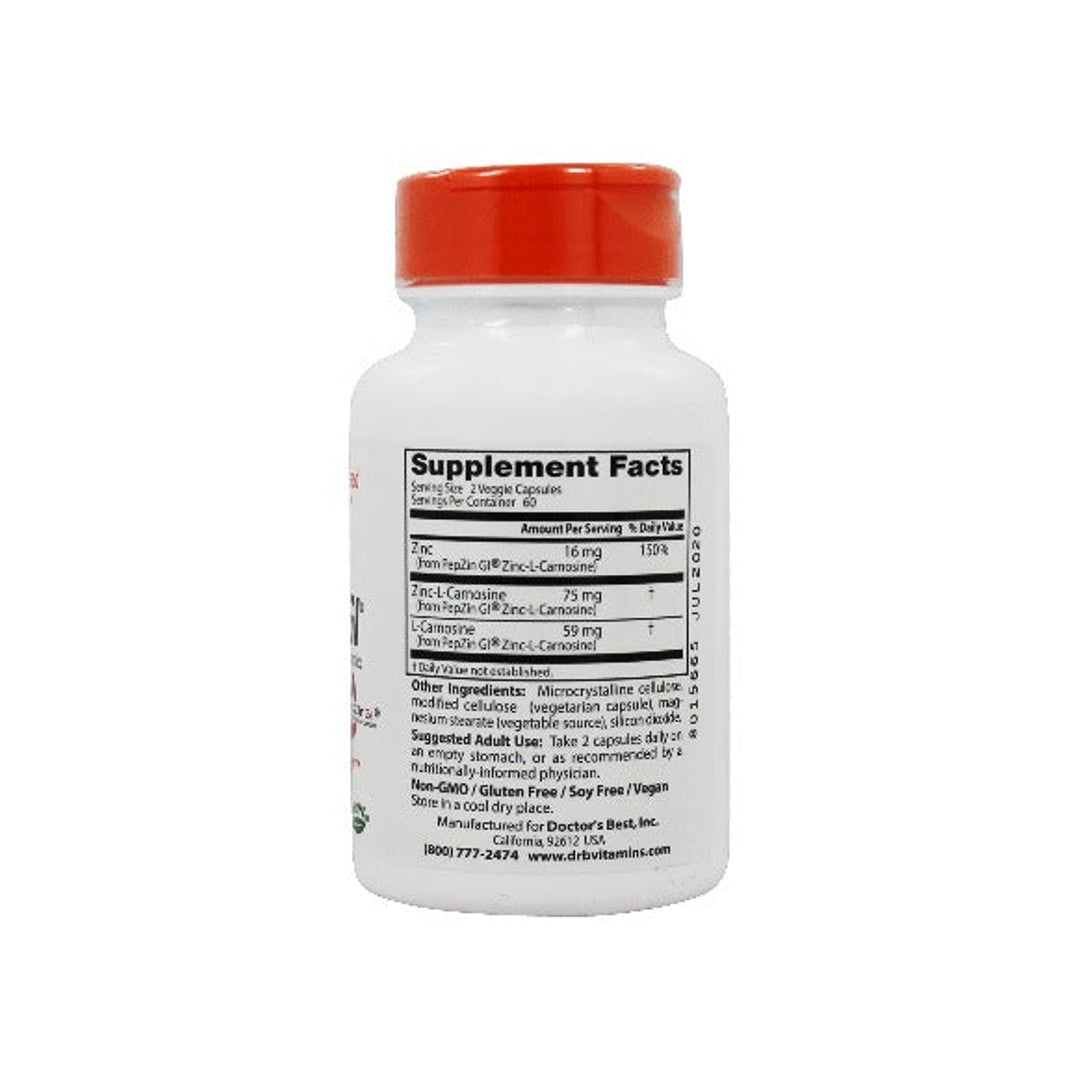 Um frasco de suplemento alimentar de PepZin GI 120 cápsulas vegetais, que promove a saúde do teu estômago Doctor's Best