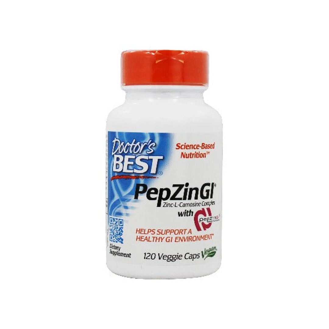 Um suplemento dietético para a saúde do estômago, especificamente formulado para tratar o desconforto ocasional do estômago, contendo PepZin GI 120 cápsulas vegetais.