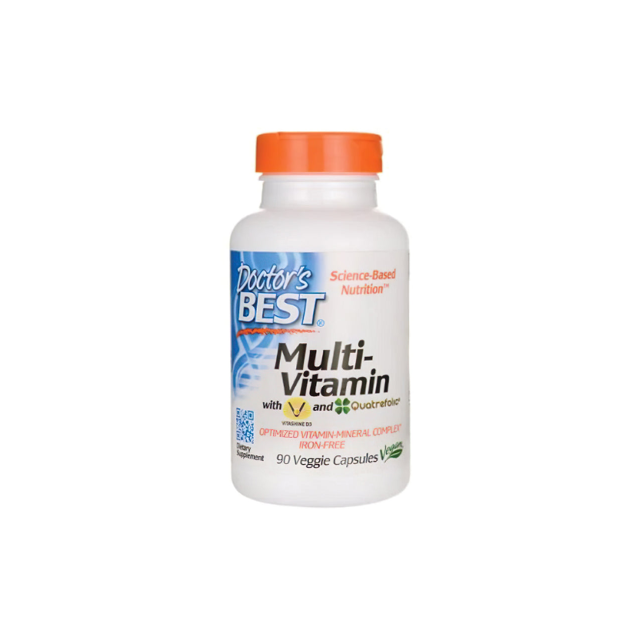 O melhor Doctor's Best Multivitamin 90 cápsulas vegetais para apoiar o sistema imunitário, repleto de minerais essenciais, apresentado num fundo branco.