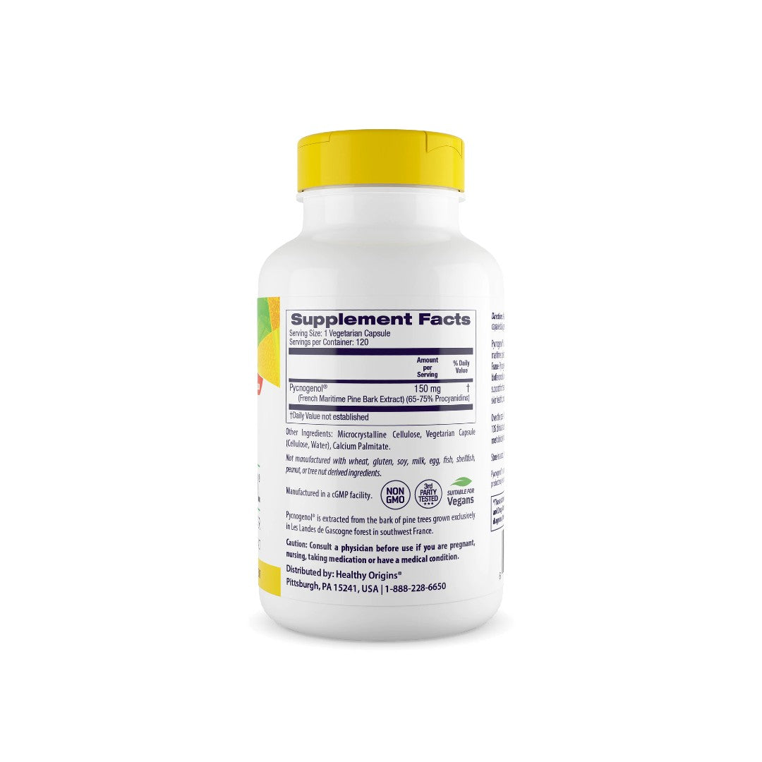 Um frasco de Pycnogenol 150 mg 120 vege capsules suplemento alimentar da Healthy Origins sobre um fundo branco, que promove a saúde cardiovascular.