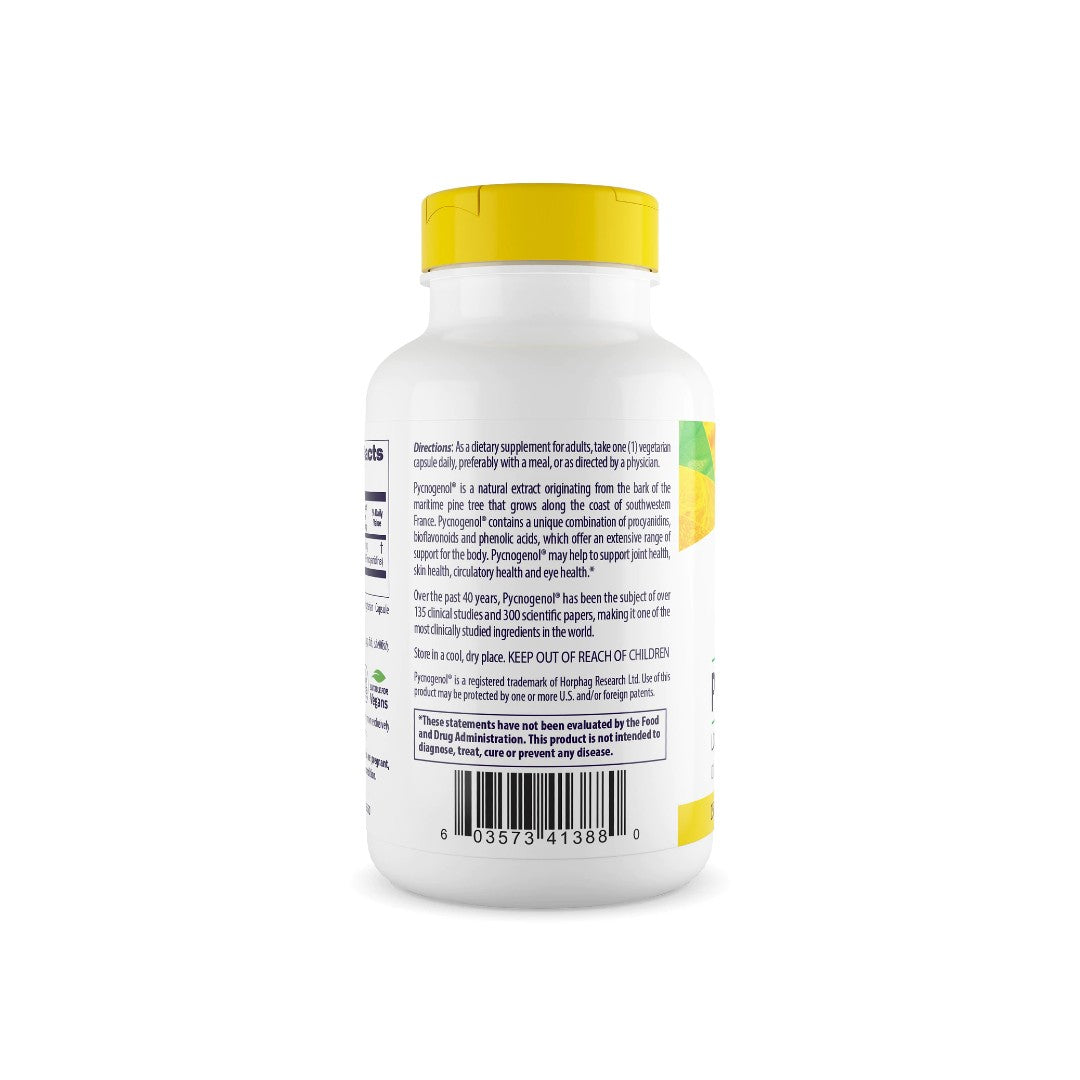 Um frasco de Healthy Origins' Pycnogenol 150 mg 120 cápsulas vegetais sobre um fundo branco.