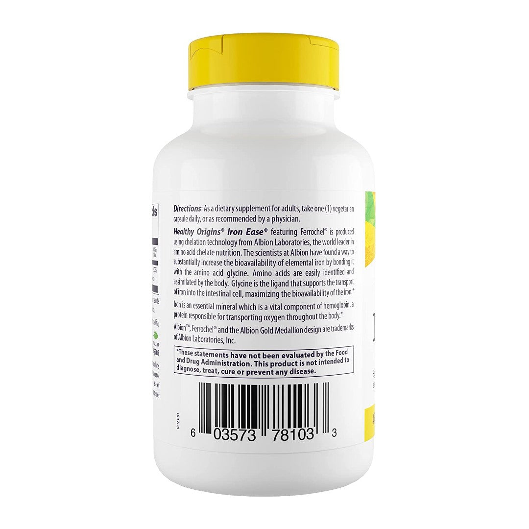 Um frasco de Iron Ease 45 mg 180 cápsulas vegetais da Healthy Origins sobre um fundo branco.