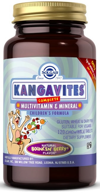 Um frasco de Solgar's Kangavites Multivitamin & Mineral 120 Chewable Tablets - Bouncin' Berry Flavor.