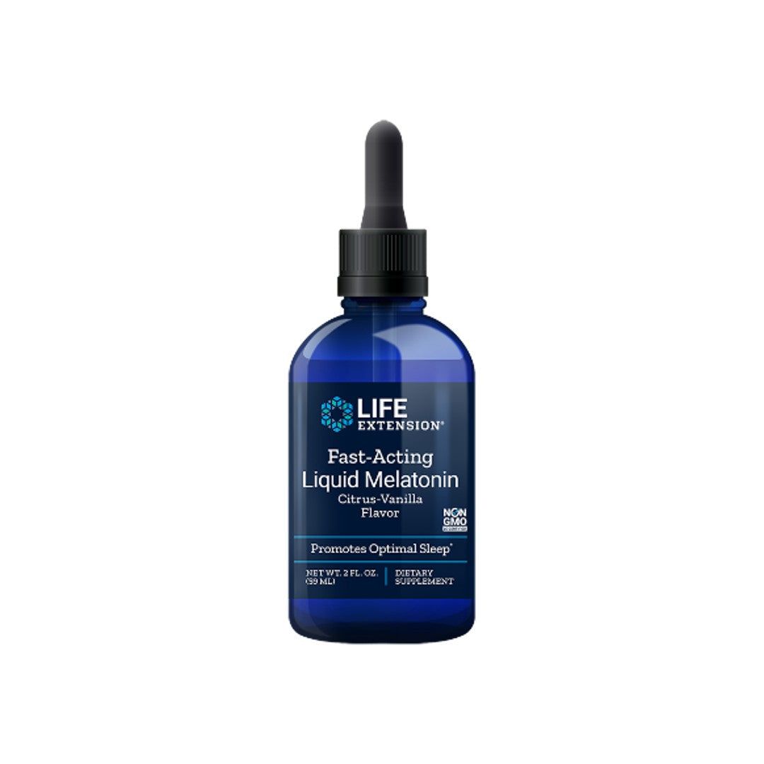 Um frasco de Life Extension's Fast-Acting Liquid Melatonin (Citrus-Vanilla) 59 ml.