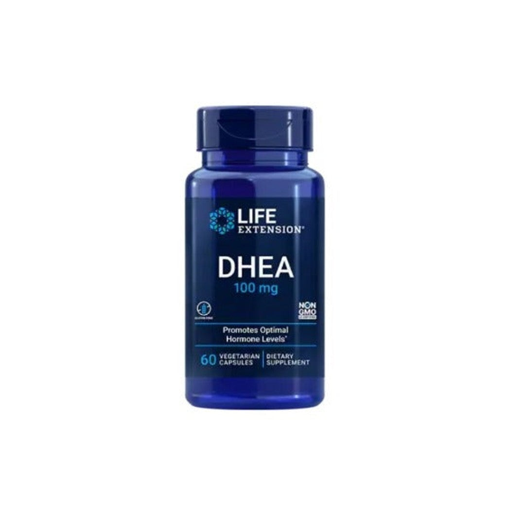 Um frasco de Life Extension DHEA 100 mg 60 cápsulas vegetais com um fundo branco.