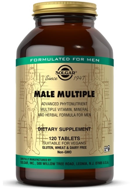 Um frasco de Solgar Male Multiple Multivitamins & Minerals for Men 120 Tablets.