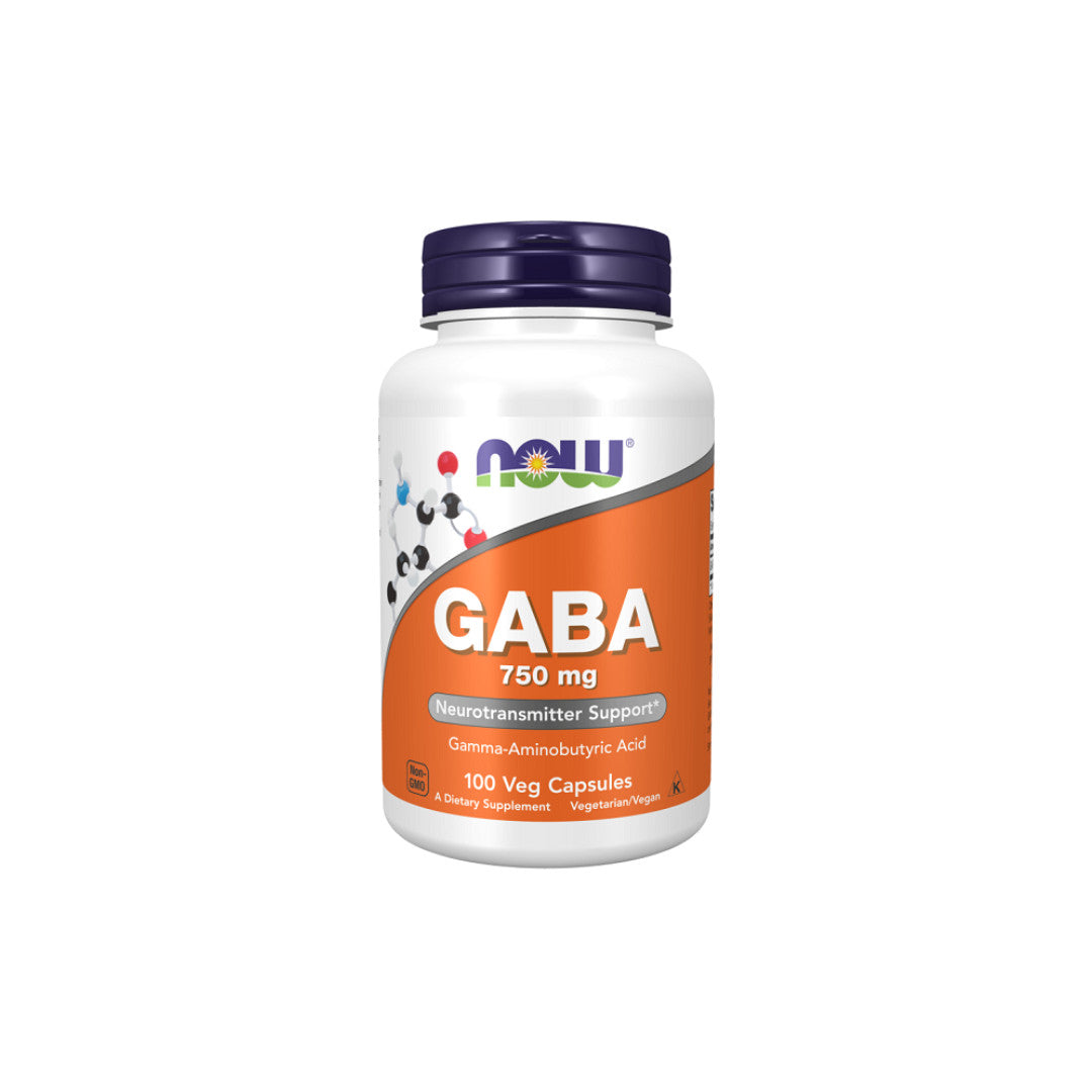 Um frasco de Now Foods GABA 750 mg 100 cápsulas vegetais.