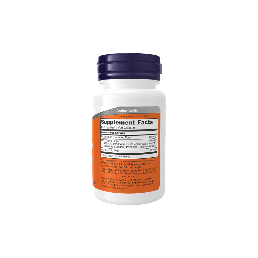 Um frasco do suplemento Glutathione 500 mg 60 Vegetable Capsules da Now Foods sobre um fundo branco.