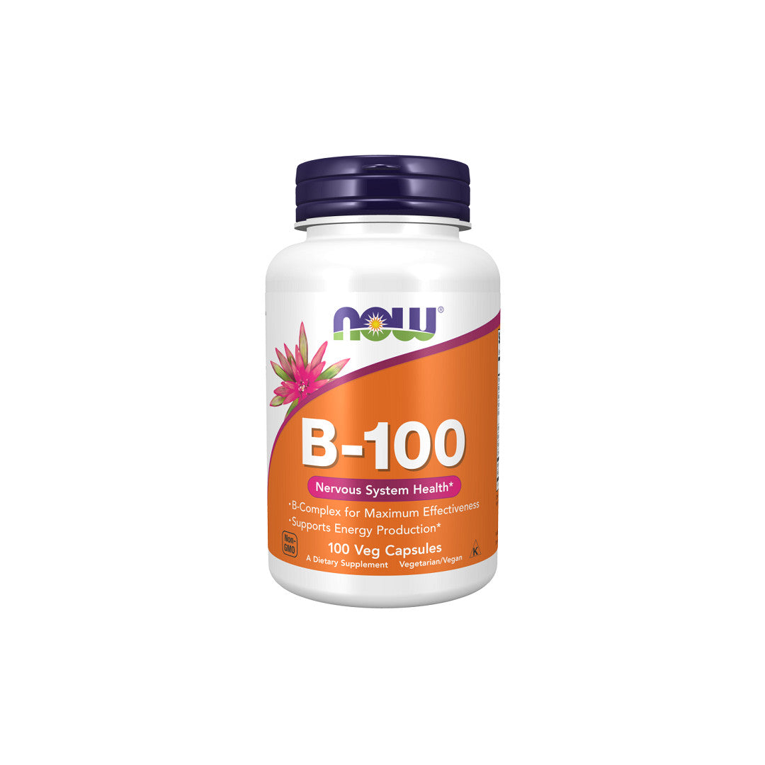 Now Foods Vitaminas B-100 mg Complexo 100 Cápsulas Vegetais para a saúde imunitária.