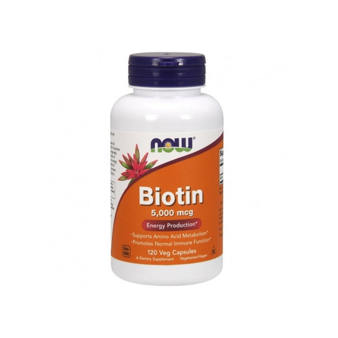 Now Foods Biotin 5000 mcg 120 cápsulas vegetais suplemento alimentar.