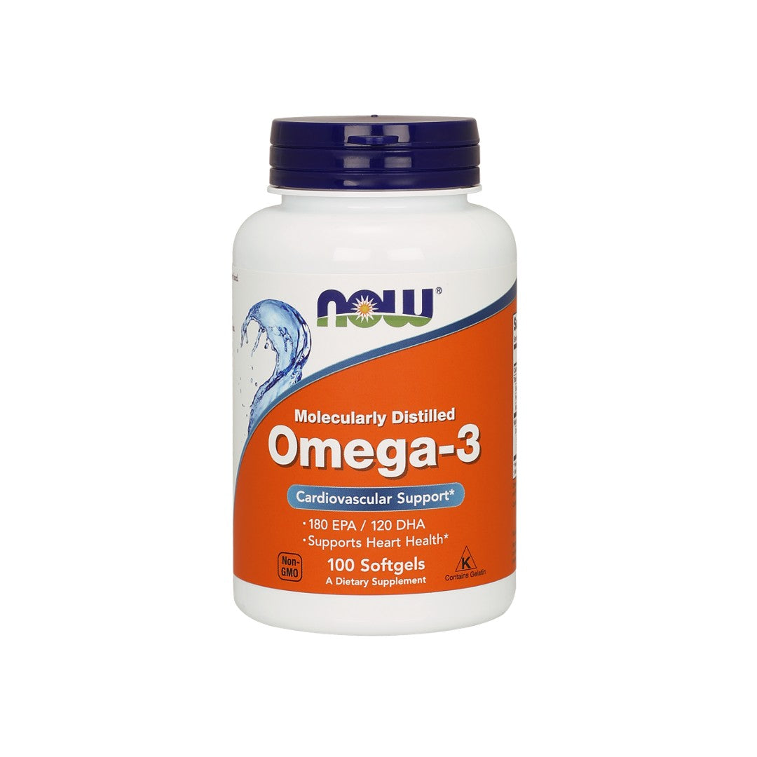 Now Foods Omega-3 180 EPA/120 DHA 100 softgel, um potente suplemento de óleo de peixe conhecido pela sua capacidade de apoiar a saúde do coração e reduzir o risco de doenças cardíacas.