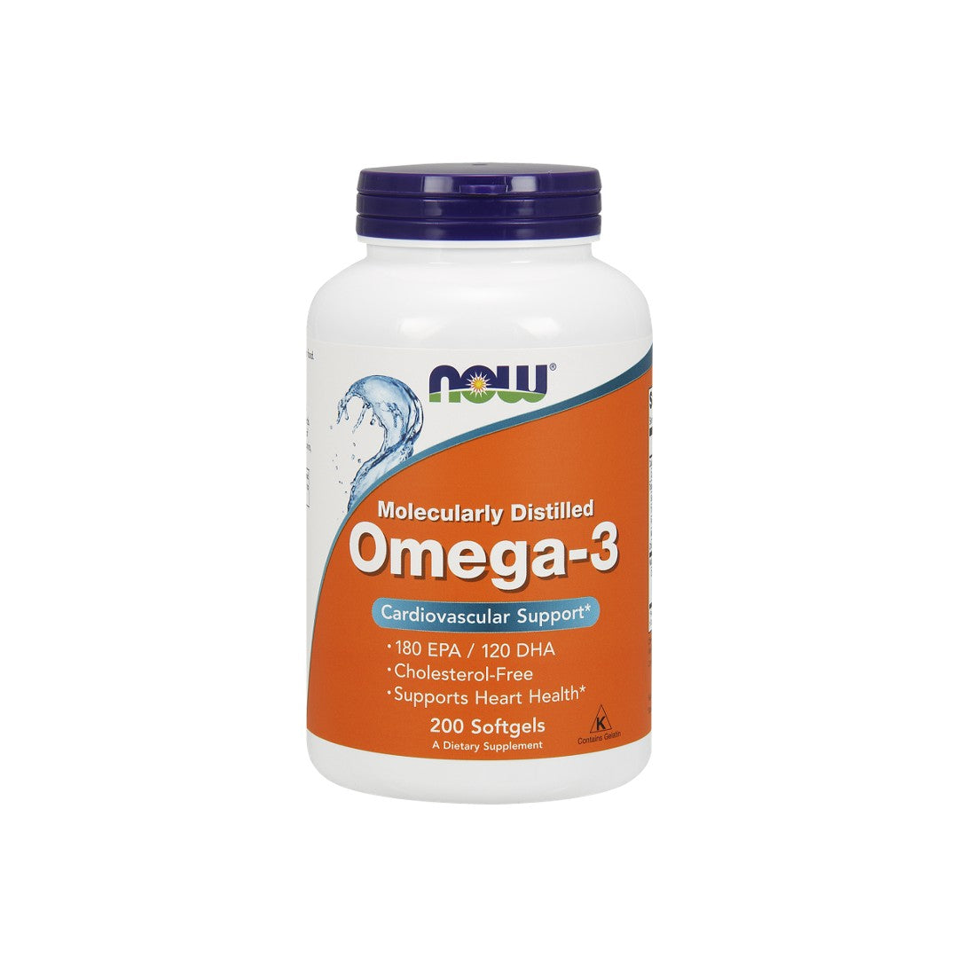 Um frasco de Now Foods Omega-3 180 EPA/120 DHA 200 softgel, que promove a saúde do coração e a função cerebral.