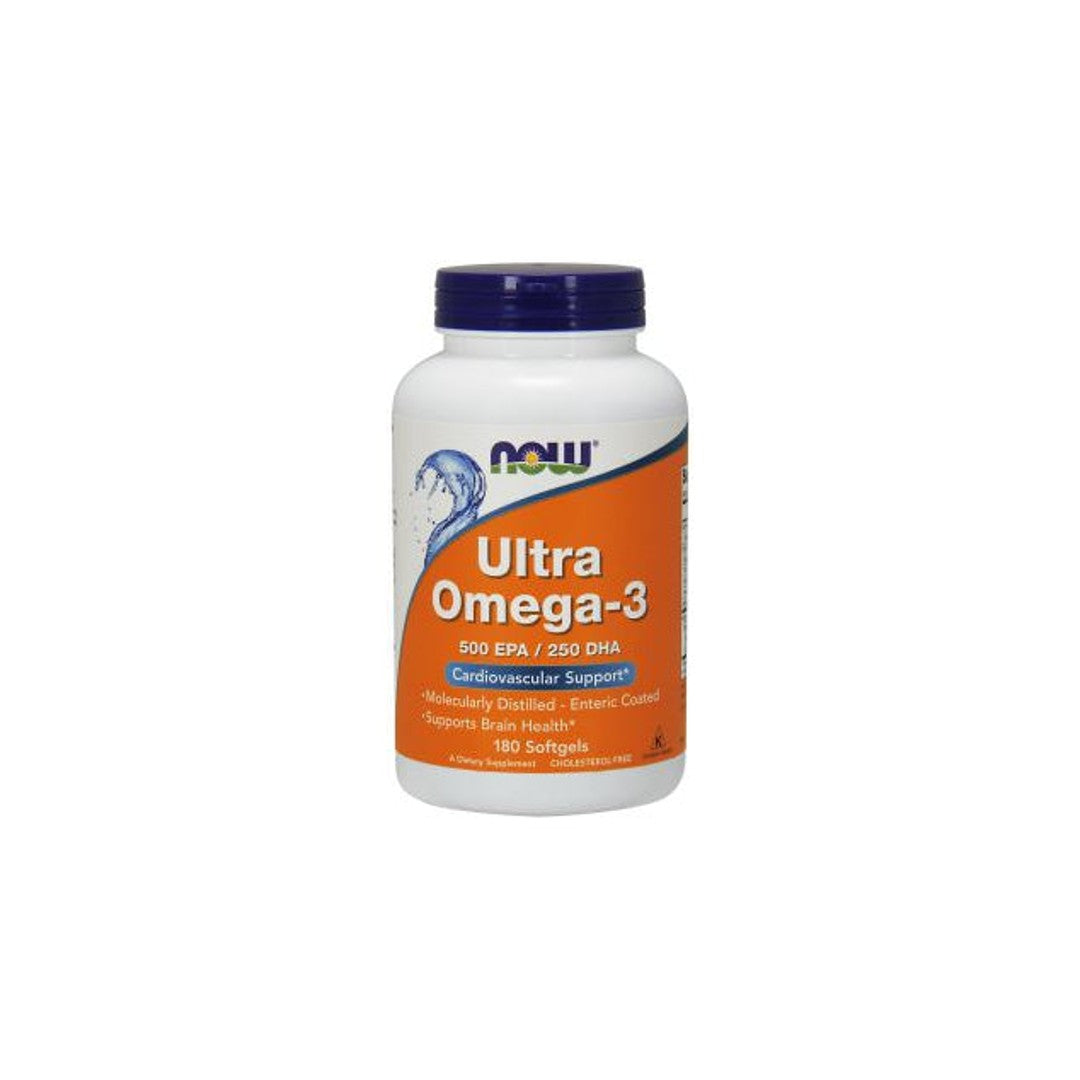 Now Foods Ultra Omega-3 500 mg EPA/250 mg DHA 180 cápsulas de gelatina mole fornecem ómega-3 essenciais para a função cognitiva e o apoio cardiovascular.