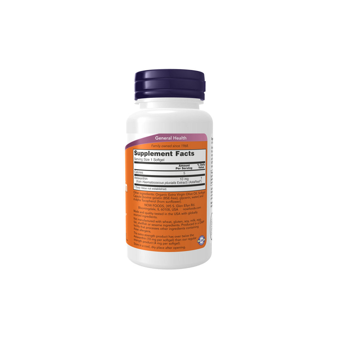 Um frasco de Now Foods Astaxanthin, Extra Strength 10 mg 60 Softgel sobre um fundo branco.