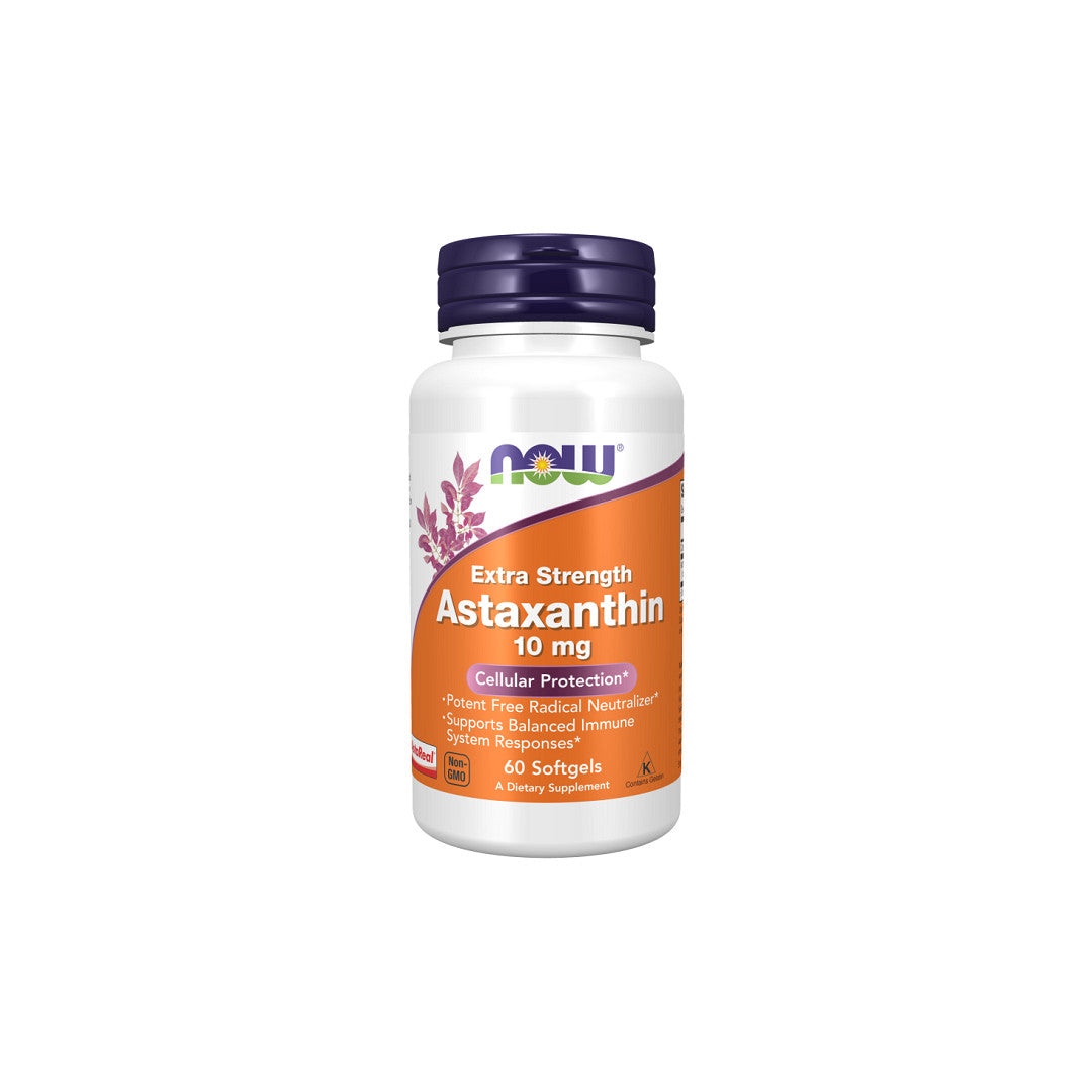 Um frasco de Now Foods Astaxanthin, Extra Strength 10 mg 60 Softgel.