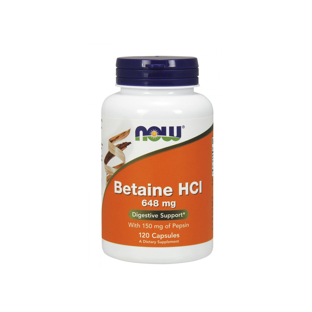 Now Foods Betaine HCI 648 mg 120 cápsulas vegetais, um suplemento alimentar.