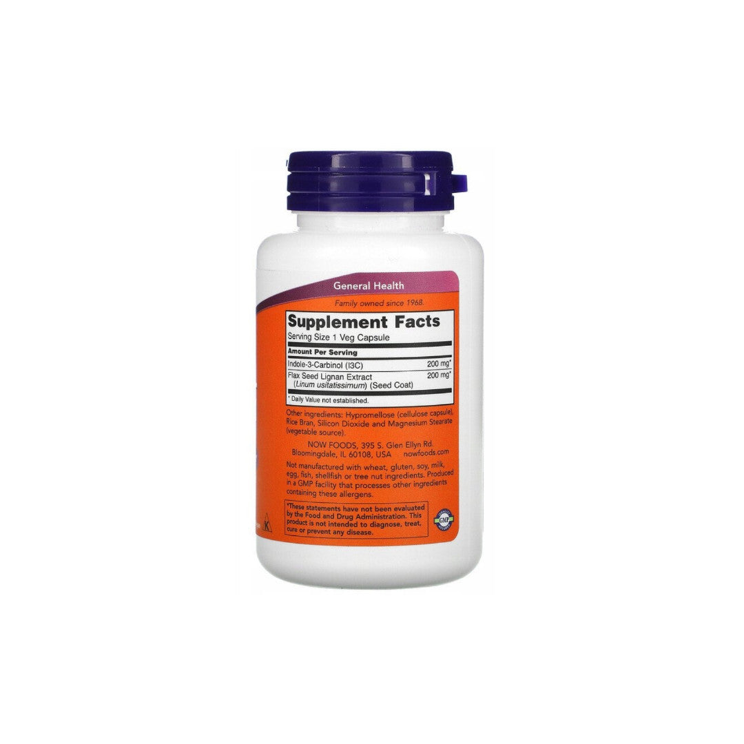 Um frasco de Indole 3 Carbinol 200 mg com Lingans 60 Cápsulas Vegetais da Now Foods sobre um fundo branco.