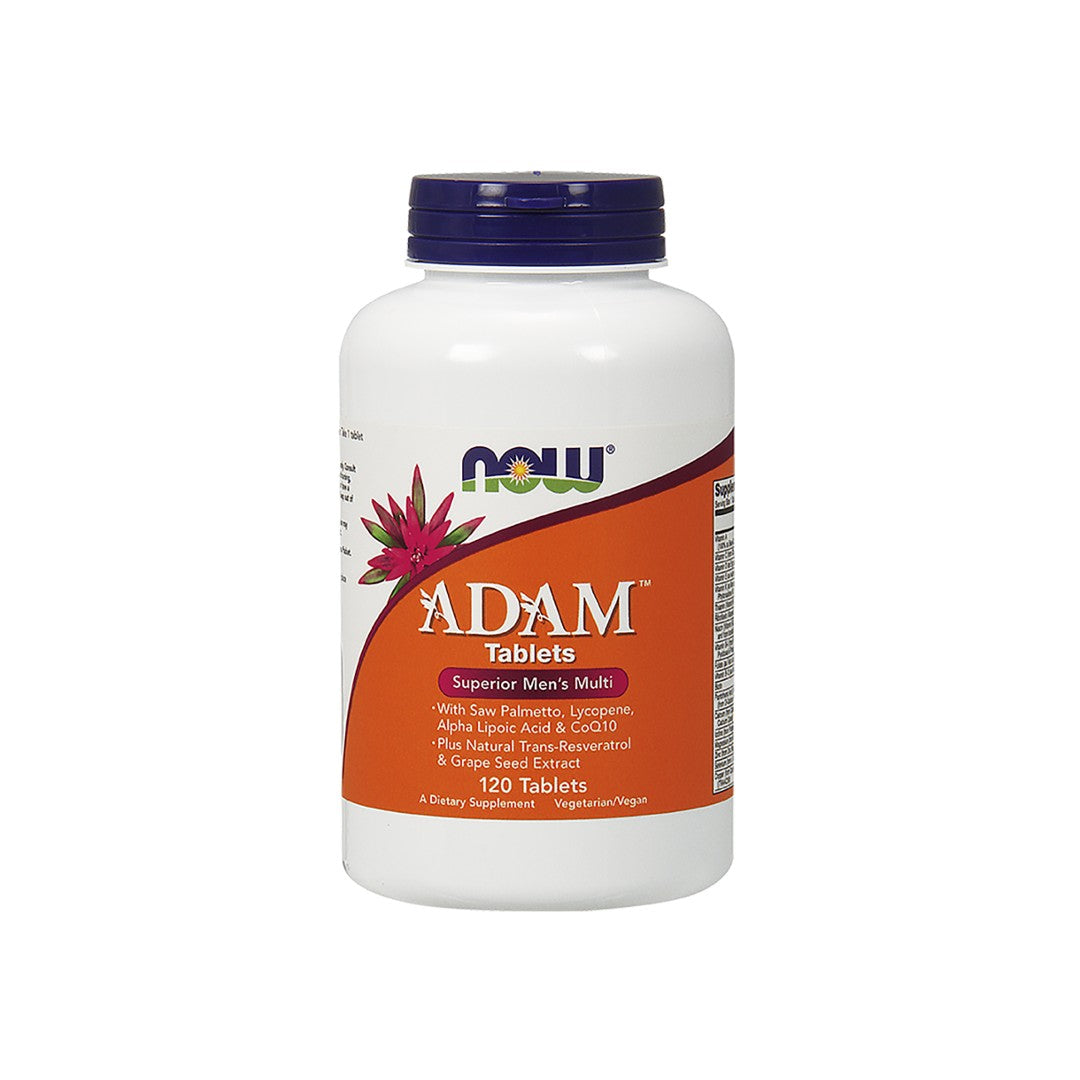 Um frasco de Now Foods ADAM Multivitamins & Minerals for Man 120 comprimidos vegetais.