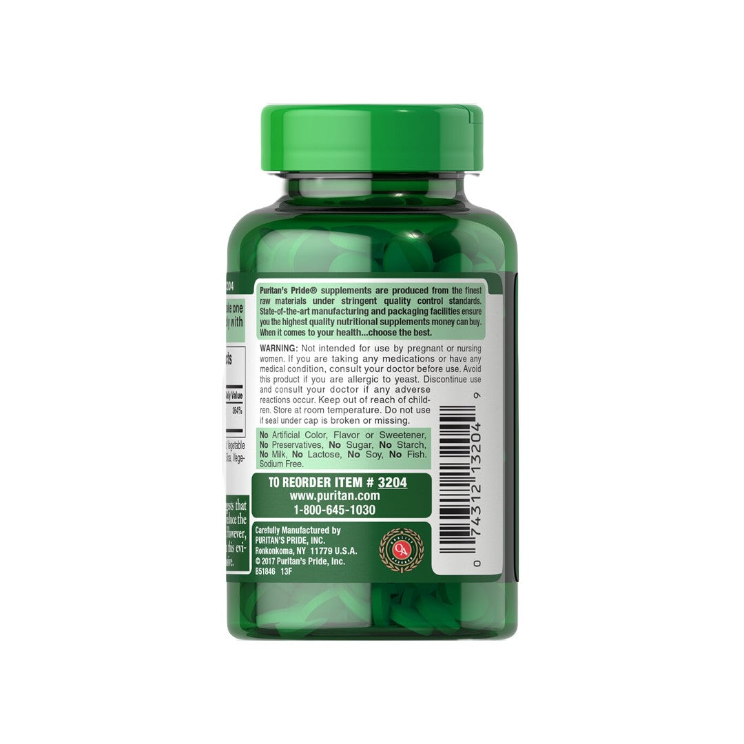 Um frasco de Puritan's Pride Selénio 200 mcg 250 comprimidos, repleto de antioxidantes para a saúde do sistema imunitário. Incorpora um suplemento de selénio para obteres benefícios adicionais.