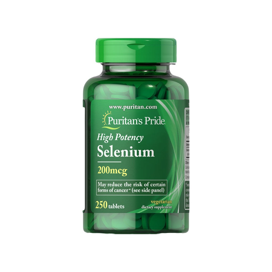 Um frasco de Puritan's Pride pink high potency Selenium 200 mcg 250 comprimidos suplemento para a saúde do sistema imunitário.