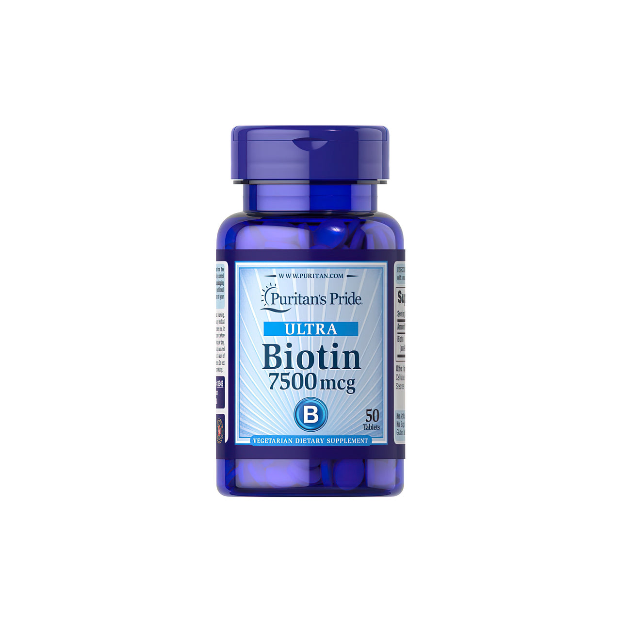 Um frasco de suplemento alimentar de Puritan's Pride Biotin 7,5 mg 50 Tablets com um fundo branco.