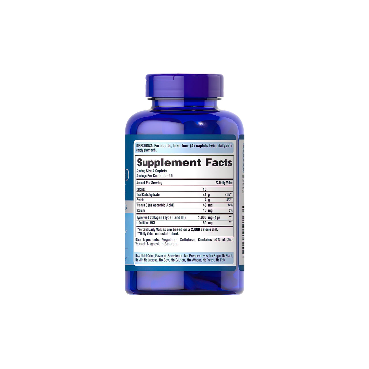 Um frasco de Puritan's Pride Hydrolyzed Collagen 1000 mg 180 caplets com um rótulo azul.