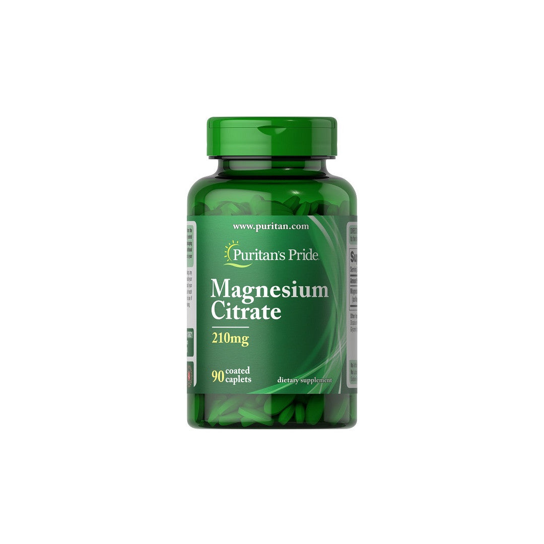 Um frasco de Puritan's Pride Citrato de magnésio 210 mg 90 cápsulas revestidas.