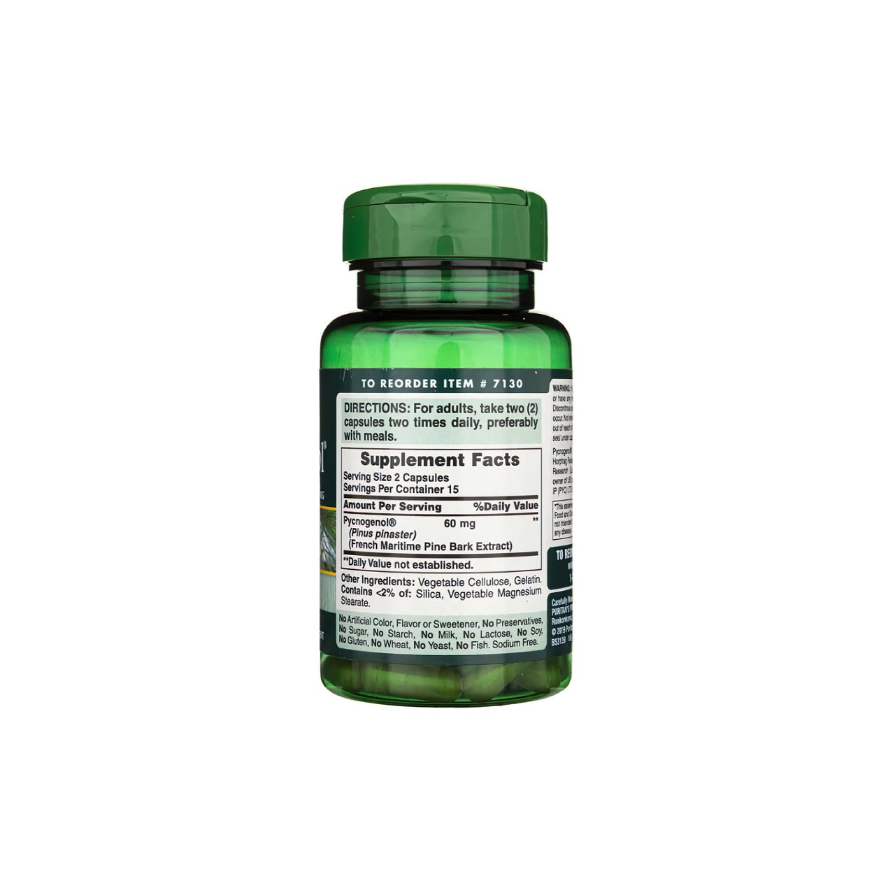 Um frasco de Pycnogenol 30 mg 30 Rapid Release Capsules da Puritan's Pride com proantocianetos de flavonóides.