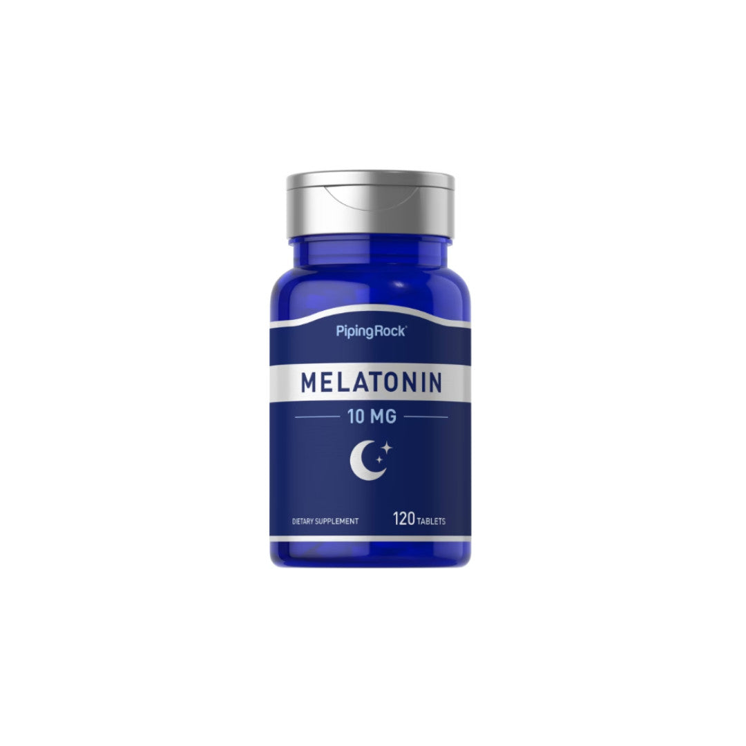 Um frasco de PipingRock Melatonin 10 mg 120 tab para dormir.