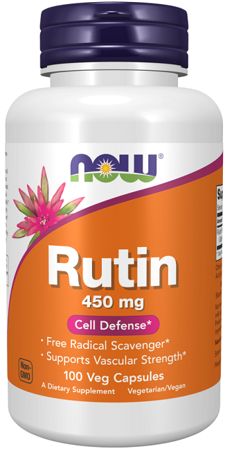 Um frasco de Now Foods Rutina 450 mg 100 Cápsulas Vegetais, um bioflavonoide que apoia os capilares e a defesa celular.