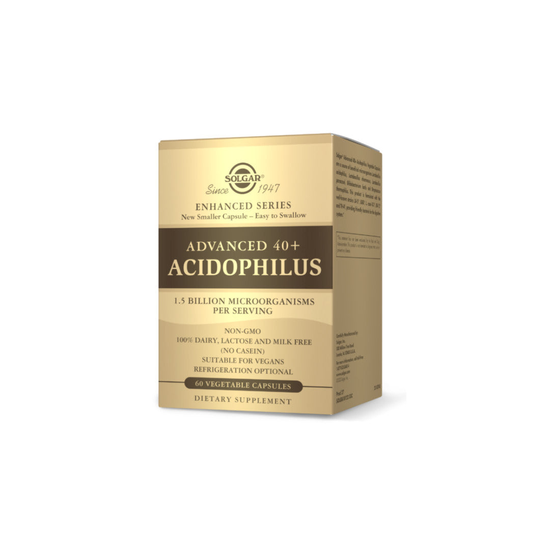 Uma caixa de Solgar Advanced 40+ Acidophilus 60 Cápsulas Vegetais.