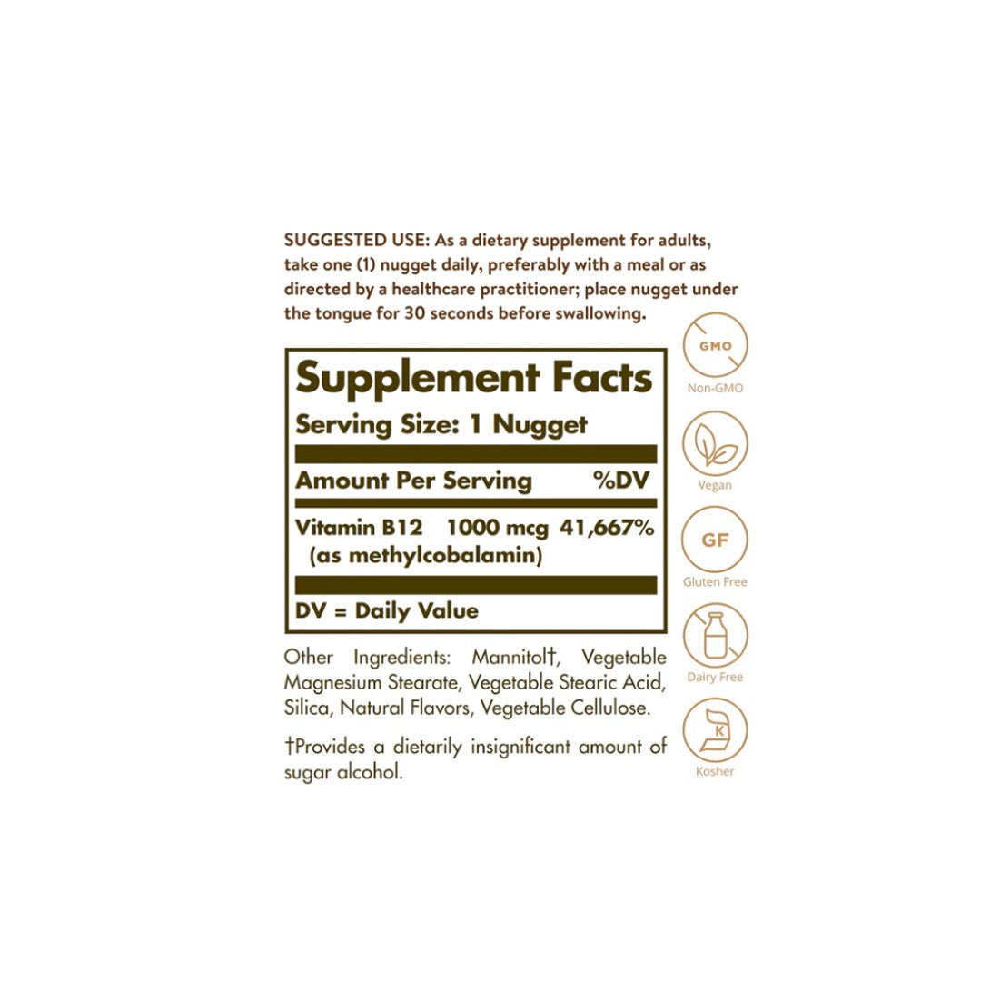 A Solgar B-12 supplement label showcasing the vital ingredients for brain health.