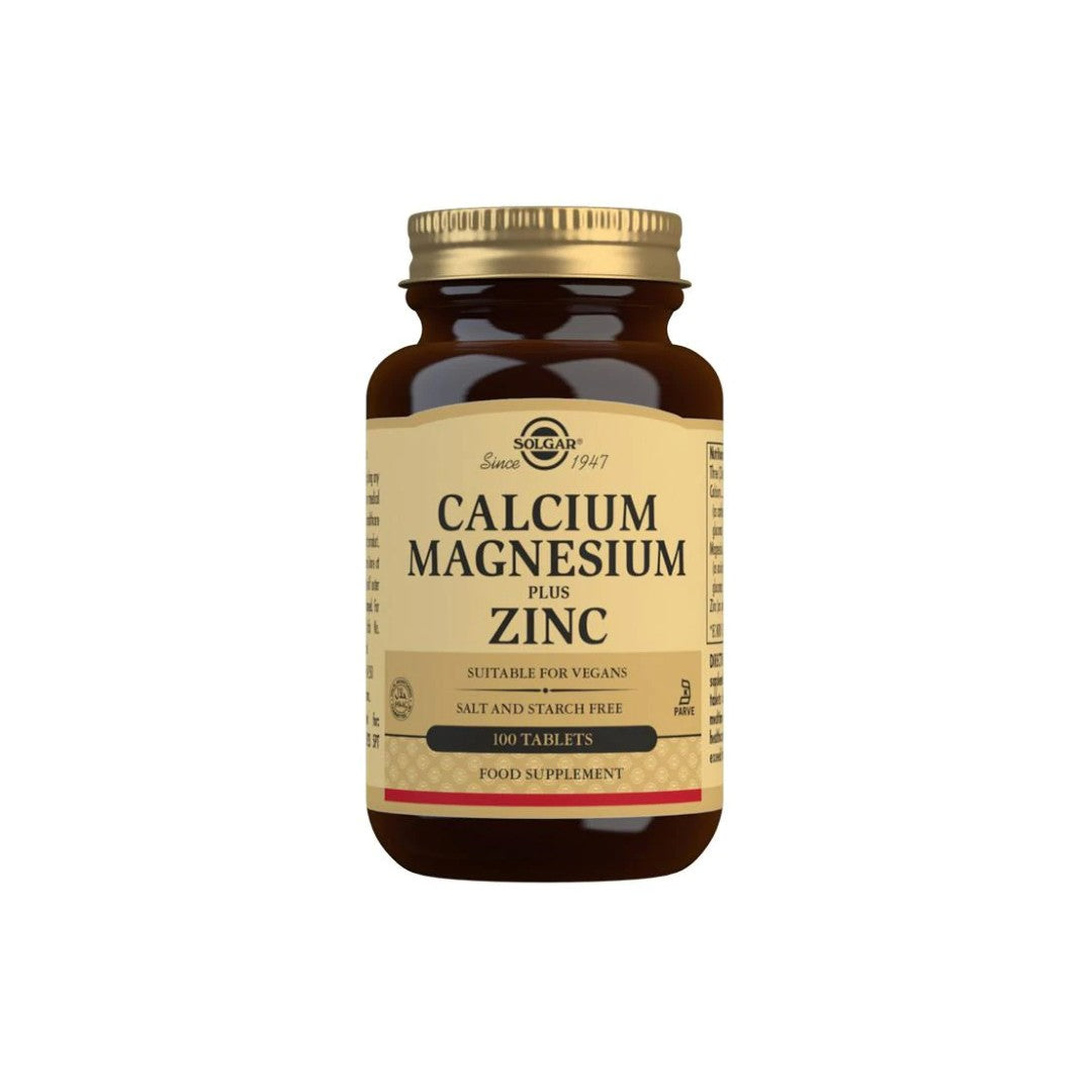 Um frasco de suplemento alimentar com 100 comprimidos de Solgar Calcium Magnesium Plus Zinc.