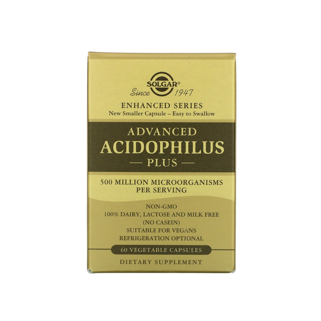 Uma caixa de Solgar's Advanced Acidophilus Plus 60 cápsulas vegetais.