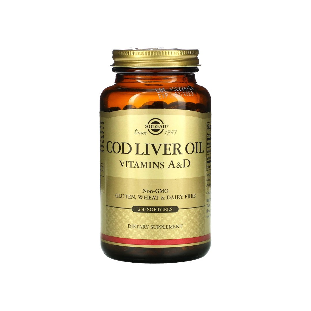 Um frasco de Solgar Cod Liver Oil Sftgels Vitamin A & D 250 softgel ad.