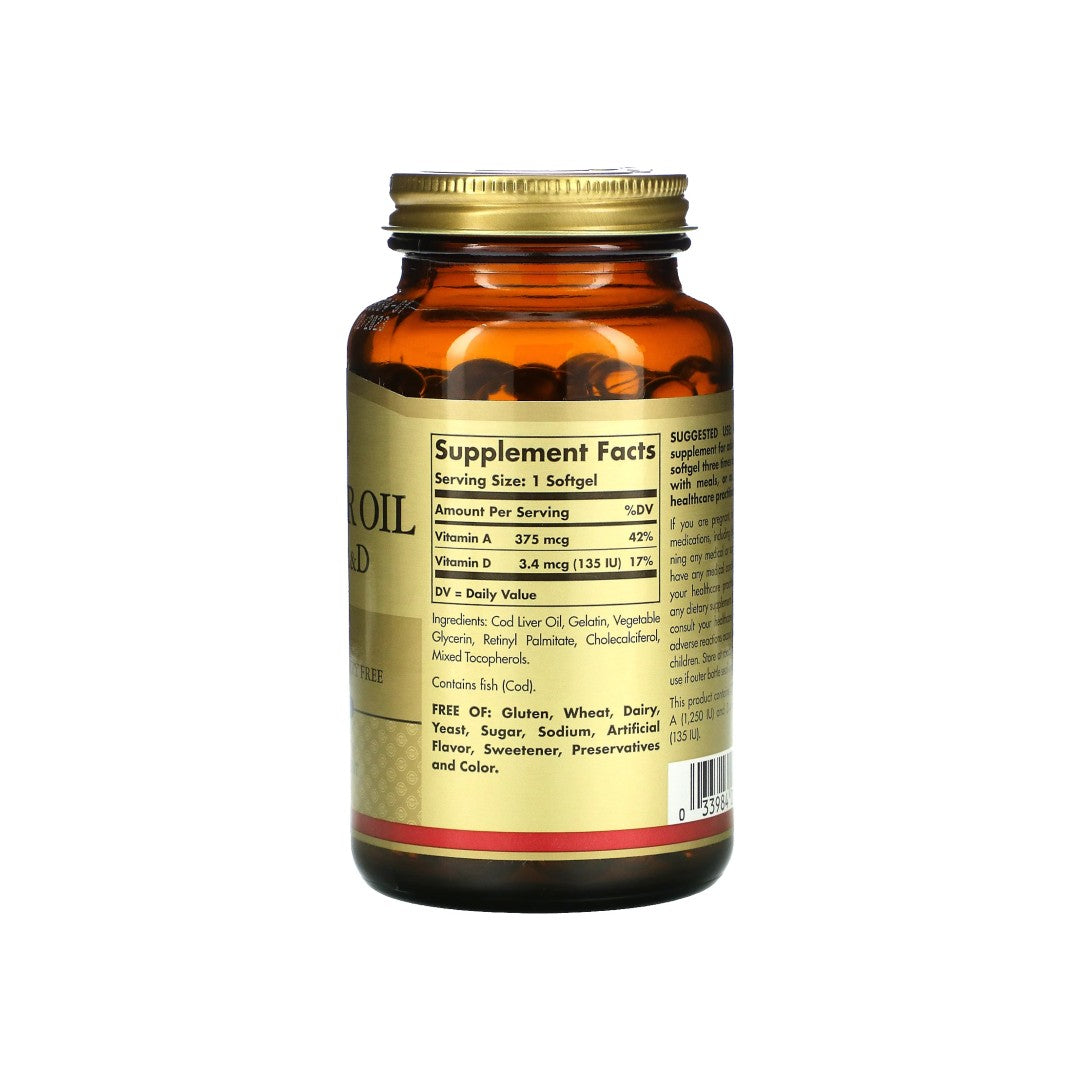 Um frasco de Solgar Cod Liver Oil Softgels Vitamin A & D 250 softgel sobre um fundo branco.