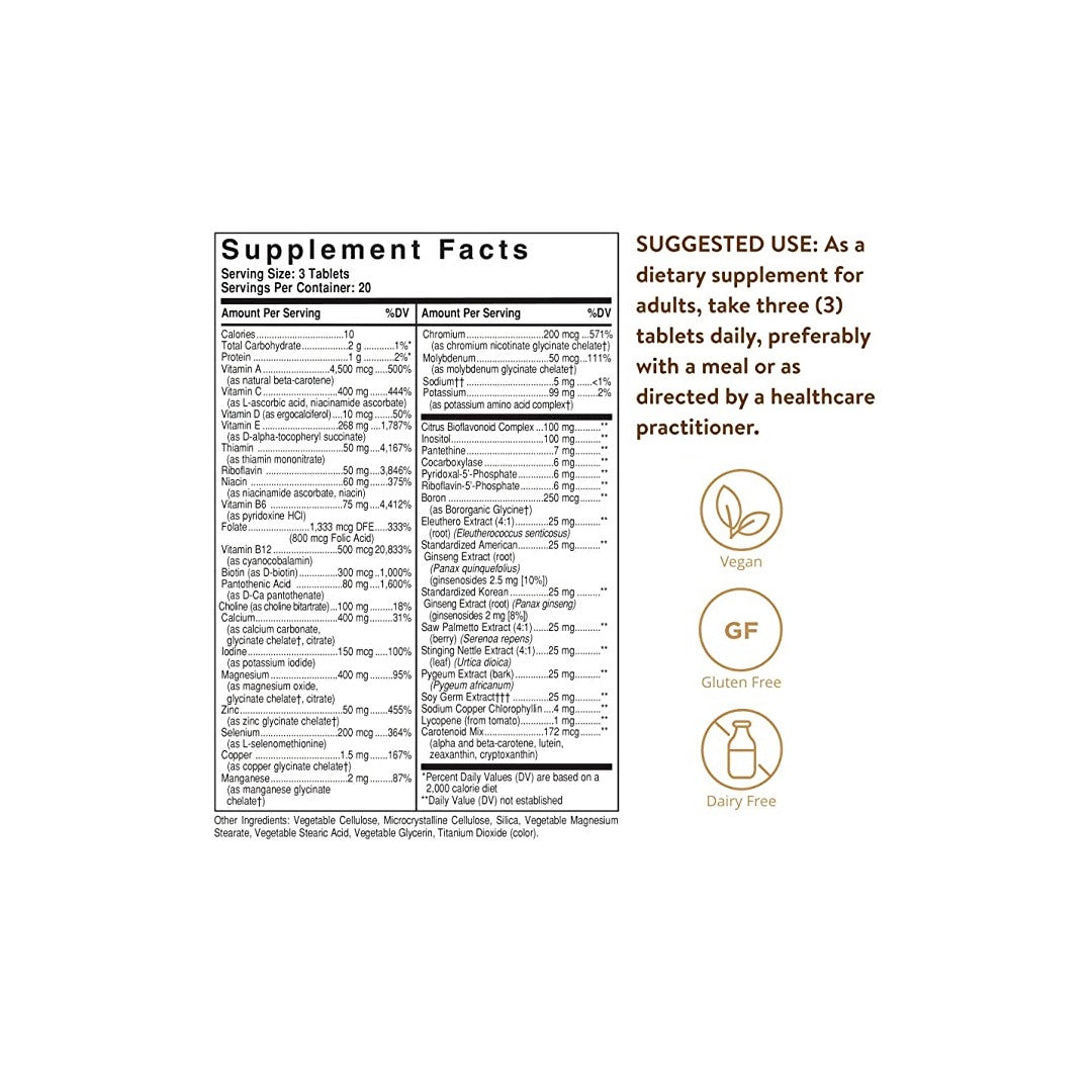 Um rótulo que mostra os ingredientes do suplemento Male Multiple Multivitamins & Minerals for Men 120 Tablets de Solgar.