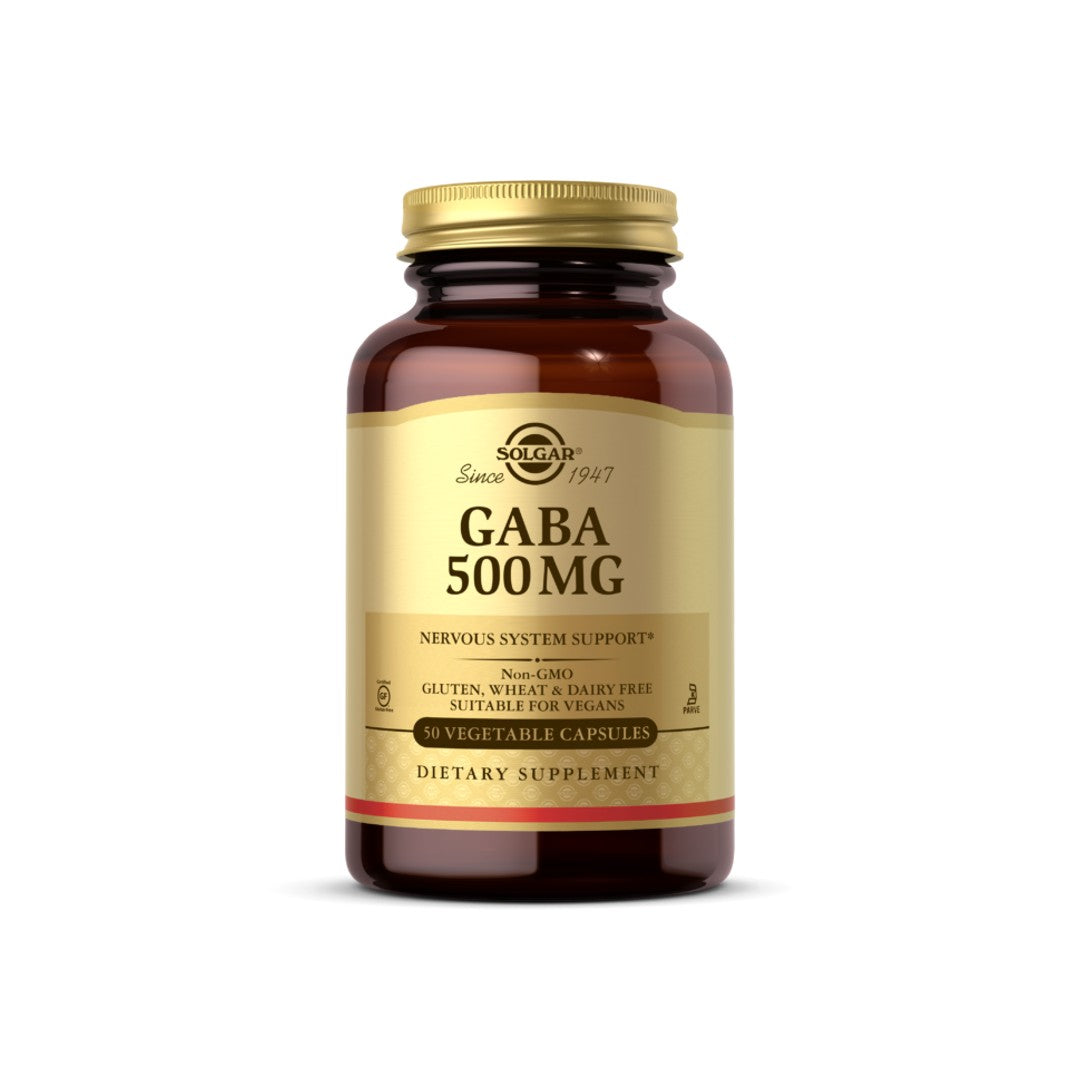 Um frasco de Solgar GABA 500 mg 100 cápsulas vegetais.