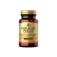 Miniatura de Um frasco de Solgar Garlic Oil Perles (odor reduzido) 250 softgel perils sobre um fundo branco.