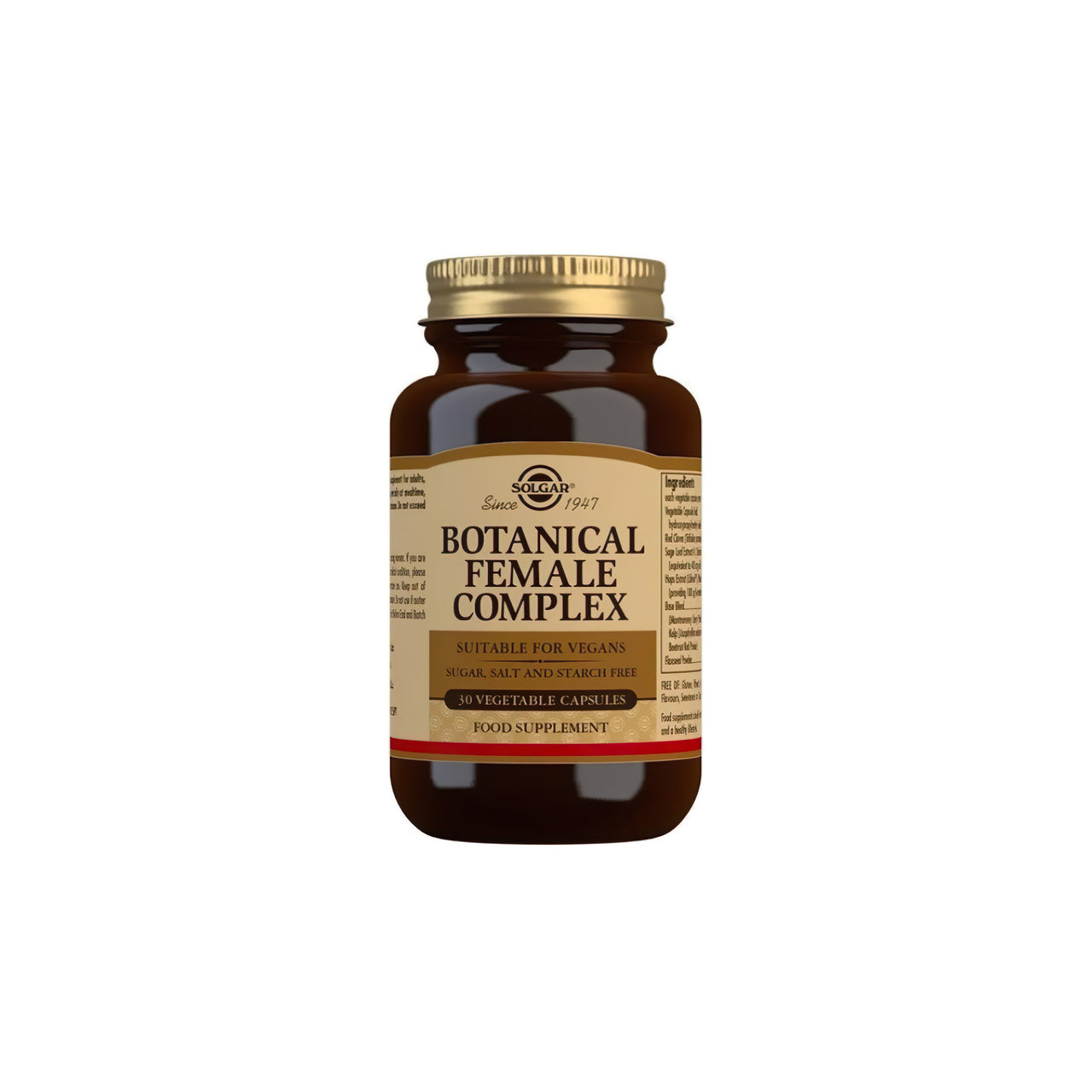 A bottle of Solgar Botanical Complex for Women, with 30 vegetable capsules, provides menopause support through its unique blend. It is vegan-friendly and does not contain sugar, salt, or starch.