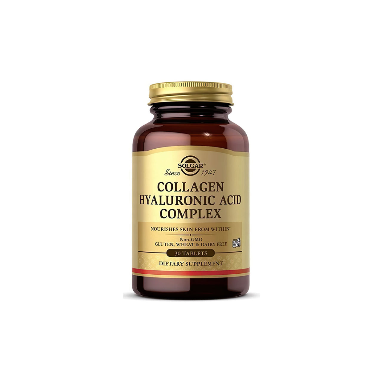 Um frasco de Solgar collagen hyaluronic acid complex.