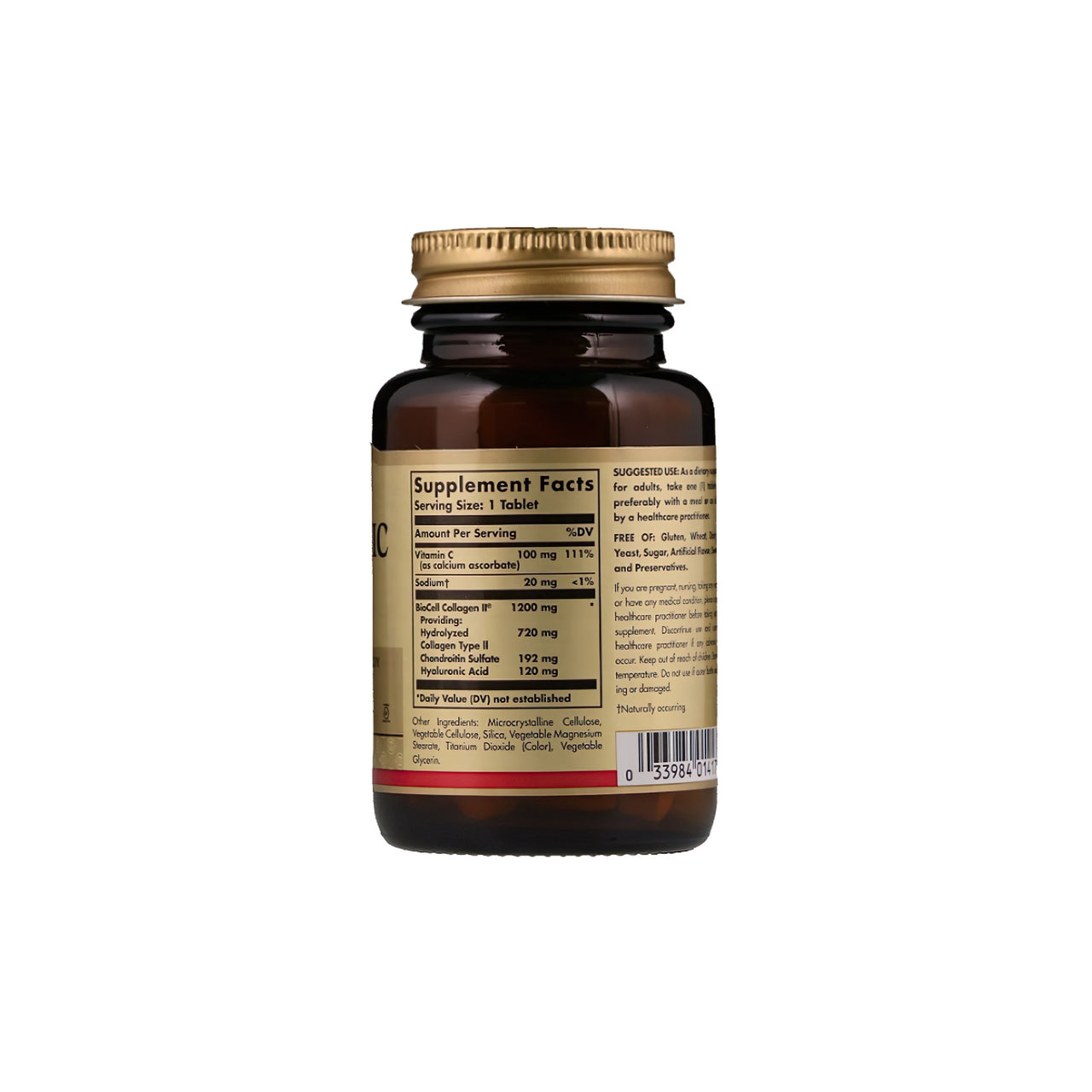 Um frasco de Solgar Hyaluronic acid 120 mg 30 tab supplement sobre um fundo branco.